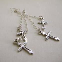 Dangle Double Cross Silver Earrings
