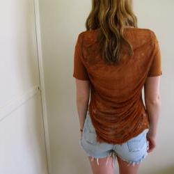 Brown Shredded Back See Through Crop Top